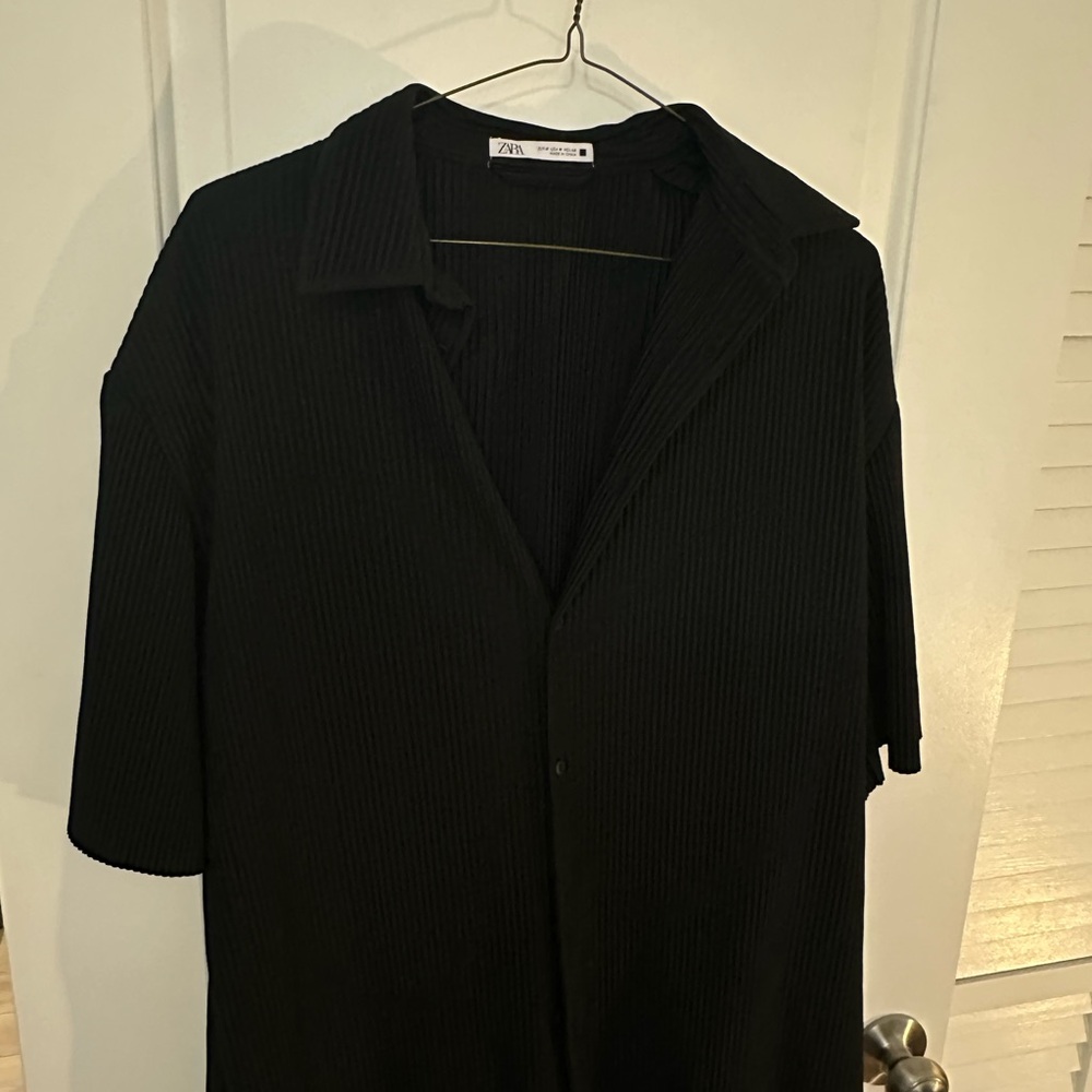 Zara Black Ribbed Blouse with Collar